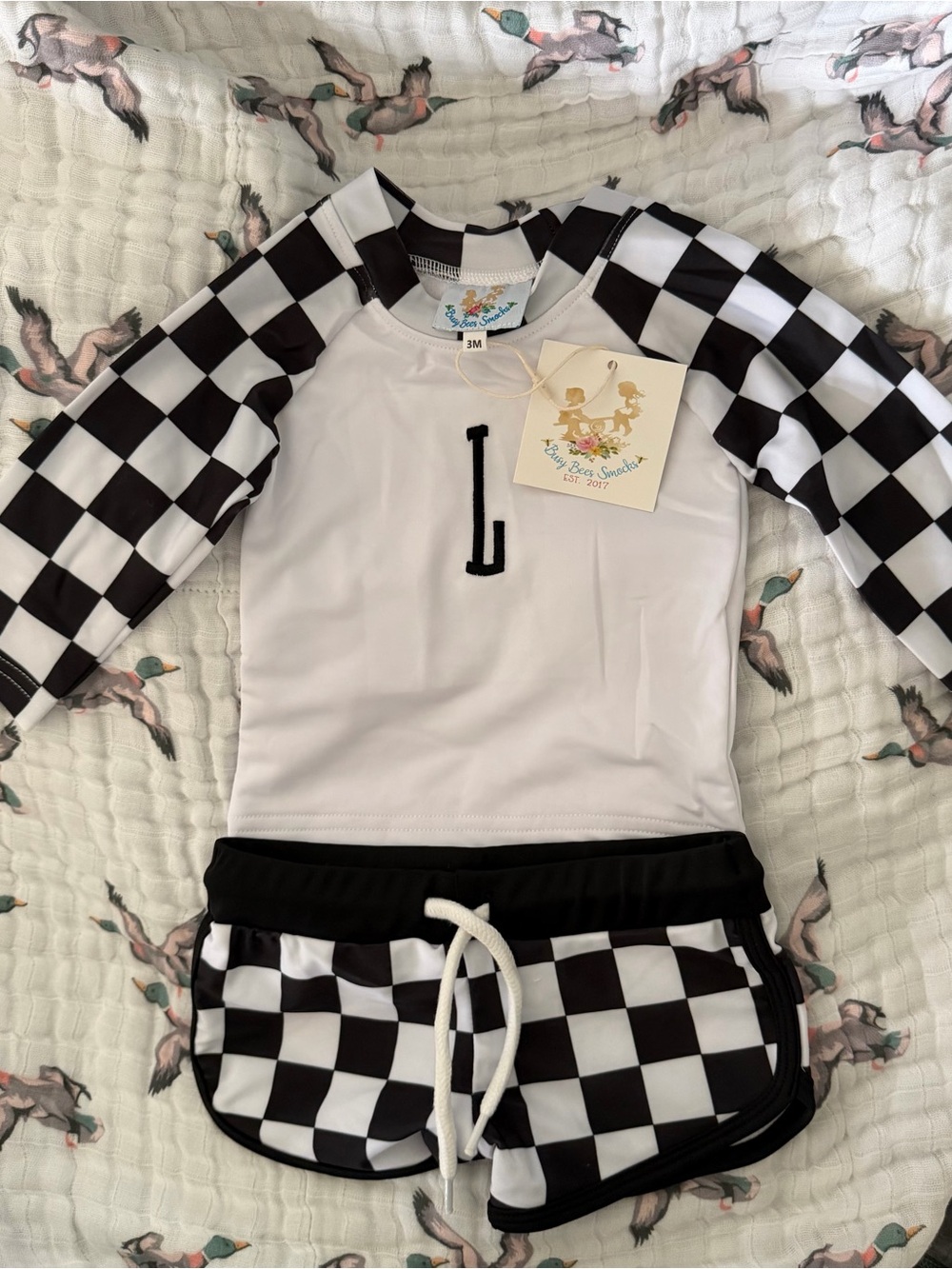 Kids Black & White Checkered Rashguard Set with Monogram - Baby Bee Smocked